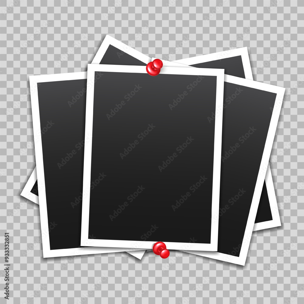 Poster vector blank photo frames with push pin and shadow isolated on transparent background. template mock