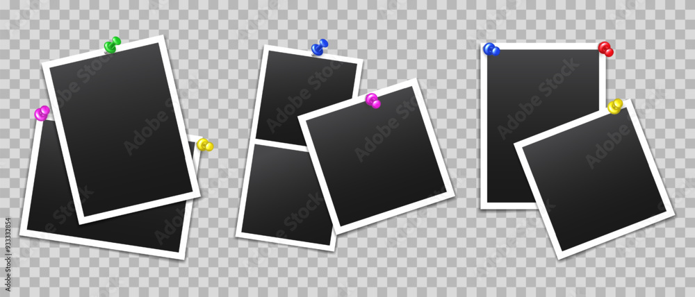 Poster vector blank photo frames with push pin and shadow isolated on transparent background. template mock
