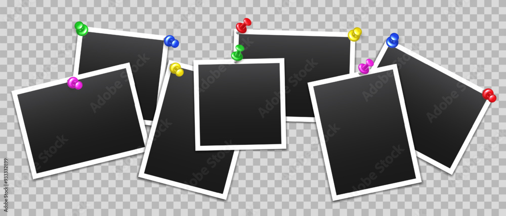 Poster vector blank photo frames with push pin and shadow isolated on transparent background. template mock