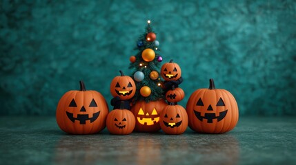 Festive 3D Cartoon Pumpkin Family Decorating Glowing Halloween Tree with Vibrant Ornaments, Copy Space, Selective Focus - Ultra HD