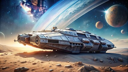 Futuristic exploration spaceship traveling on unknown planet with grungy steel exterior , space, exploration