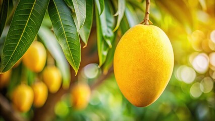 Close-up of a ripe yellow mango hanging from a branch , tropical, juicy, fresh, organic, agriculture, harvest, tropical
