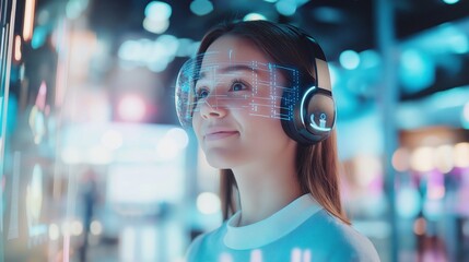 smiling young woman wearing digital headset with hologram screen with digital data, idea for futuristic customer service agent with Ai assistant