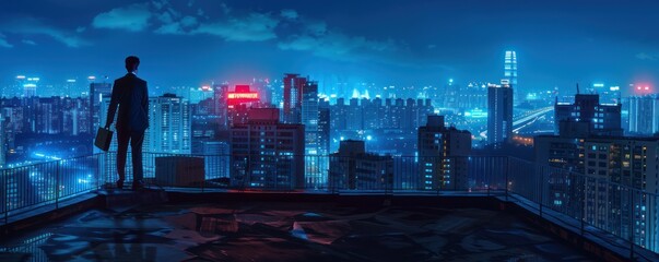 Office rooftop scene with businessman, night city skyline, briefcase, blue tone, wide angle, cinematic style.