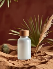 Elegant frosted glass bottle with a bamboo lid, surrounded by sandy texture and greenery, highlighting minimalist aesthetic and natural elements.