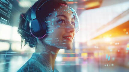 smiling young woman wearing digital headset with hologram screen with digital data, idea for futuristic customer service agent with Ai assistant 