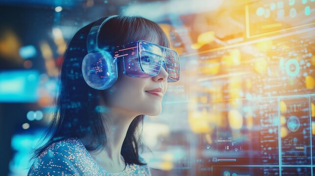 smiling young woman wearing digital headset with hologram screen with digital data, idea for futuristic customer service agent with Ai assistant - Powered by Adobe