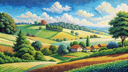 of countryside landscape in pointillism style, countryside, landscape, pointillism, artwork, rural, scene, painting