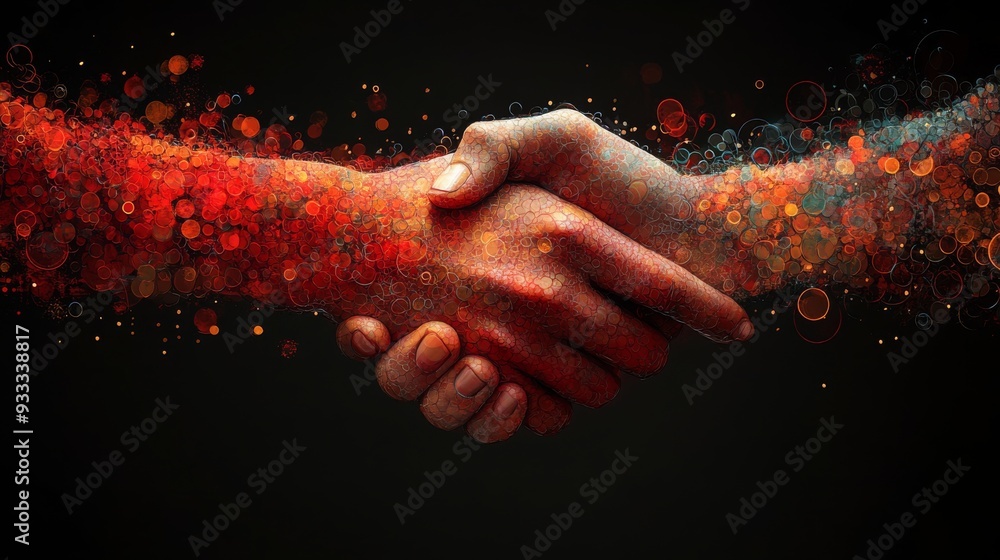 Poster hands engage in a handshake, surrounded by vibrant swirls of color, representing partnership and con