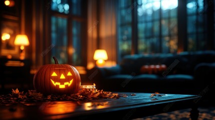 Fototapeta premium Eerie Yet Colorful Living Room in Haunted House with Pumpkin Centerpiece, Copy Space for Text, Selective Focus - Ultra HD