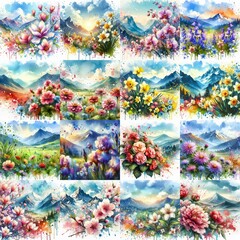 flowers draw. Watercolor splash style. AI generated illustration