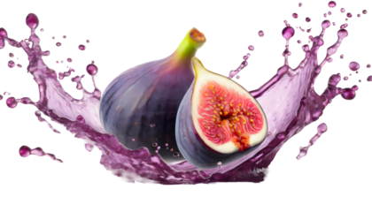 fresh ripe purple fruit fig Splashes on a white isolated background. Generative AI.