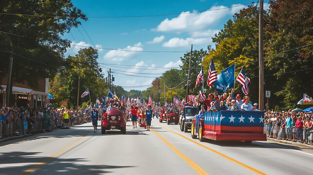 A community parade on Labor Day in a small town, featuring floats decorated with patriotic colors. Workers from various trades are marching proudly, holding banners and waving to the crowd, 