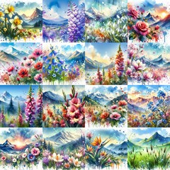 flowers draw. Watercolor splash style. AI generated illustration