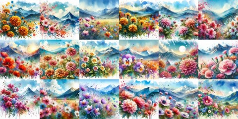 flowers draw. Watercolor splash style. AI generated illustration