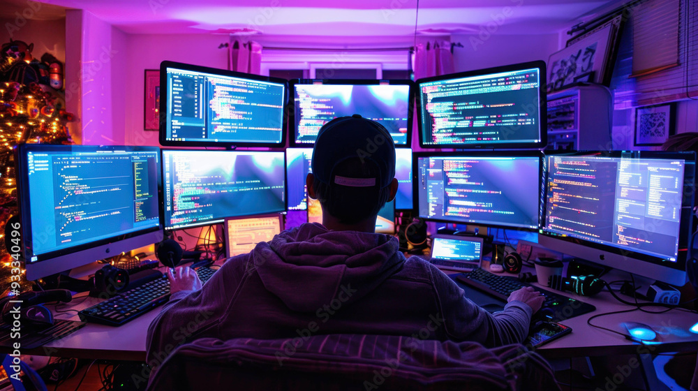 Aufkleber Technology Expert Programming on Multi-Monitor Setup with Lines of Code on Screens