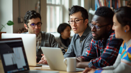 Collaborative team meeting with focused expressions, discussing ideas and strategies.