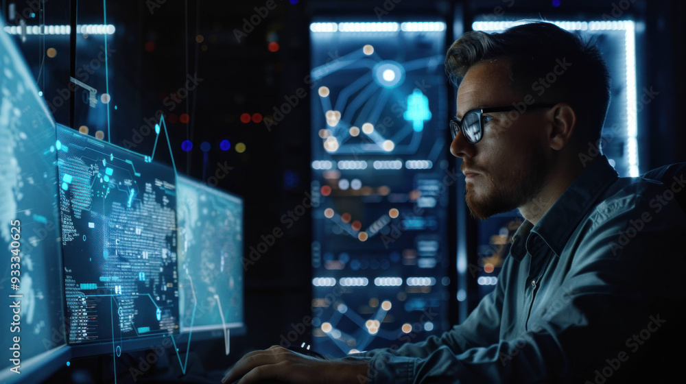 Aufkleber Focused man working on computer screens in dark environment, analyzing data and visualizations.