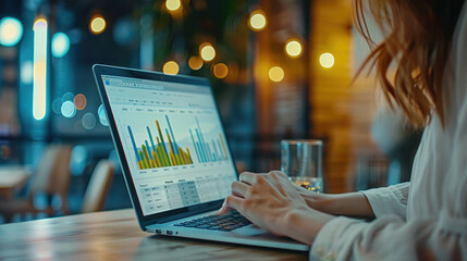 Portrait of a focused woman analyzing statistical data on a laptop with visual charts and graphs displayed