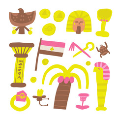 Cute ancient Egypt composition, postcard with funny hand drawn doodle column, flag, date palm, animal god, ring, hibiscus. Old civilization, desert nature t shirt print, cover, template