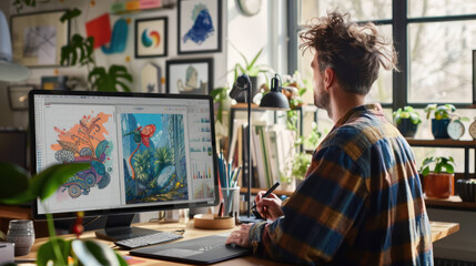 Digital Artist Using Graphic Tablet in Creative Studio for Design Work