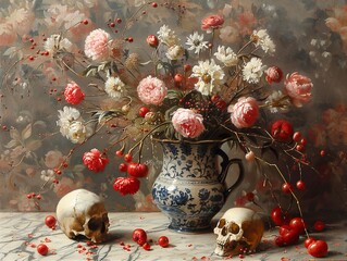 Still Life with Peonies and Skulls: A Vanitas Painting