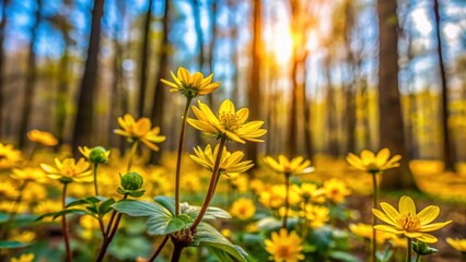 Obraz premium Yellow flowers and buds blooming among the trees in a forest setting, nature, spring, bloom, forest, scenery, flora