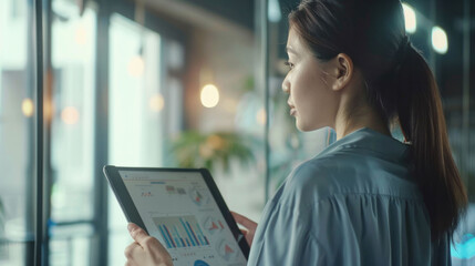 Efficient businesswoman analyzing data on tablet, focused and determined.