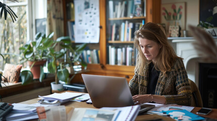 A woman working intently on laptop in cozy home office filled with plants and books.