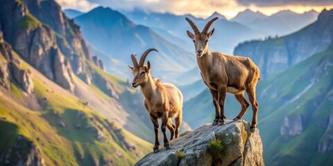 Fototapeta premium Two bearded mountain goats with majestic horns standing on a cliff edge overlooking the landscape , wildlife, nature, animals