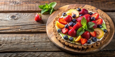 Delicious fruit oatcake on a rustic wooden table, oatcake, fruit, breakfast, healthy, homemade, bakery, sweet, snack