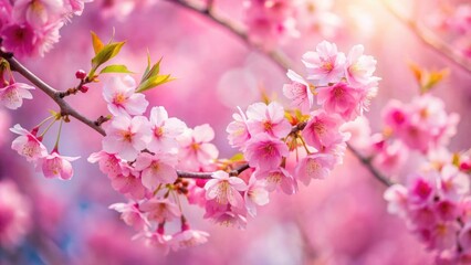 Enchanting closeup of pink cherry blossoms with dreamy blurred background, pink, cherry blossoms, closeup, HD, glistening