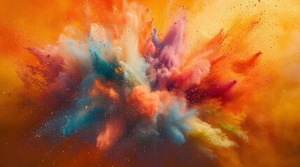 Vibrant plumes of colorful powder explode against an orange background, creating a mesmerizing abstract scene full of energy and motion.