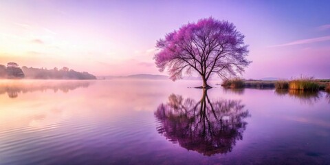 Lonely purple tree standing by serene lake shore at misty morning light, lonely, purple tree, serene, lake shore, misty