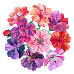 A vibrant assortment of colorful flowers grouped in a circular arrangement, perfect for spring or floral-themed designs.