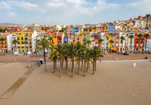 Drone view of Villa Joyosa colorful beach in Spain, Alicante