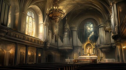 Naklejka premium Interior of a cathedral with high vaulted ceiling, stained glass windows, a large pipe organ, and a crucifix above the altar.