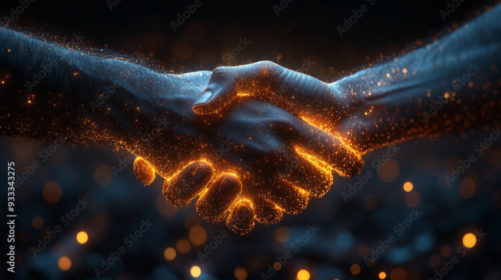 Poster hands come together in a handshake, illuminated by sparkling particles, representing unity and colla