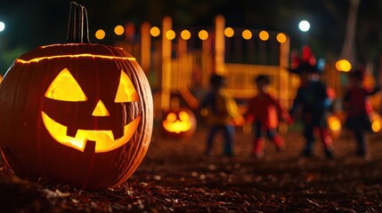 Enchanted Halloween Night - Glowing Pumpkins Playground with Children in Costumes | Selective Focus Ultra HD Image for Text Overlay
