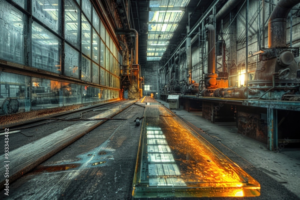 Poster A long table with many windows in a factory setting