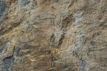 Intricate rock engravings reveal wildlife and human figures, showcasing ancient artistry in the...