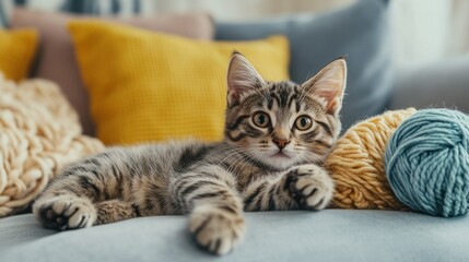 Cozy Living Room with Playful Kitten and Yarn Ball