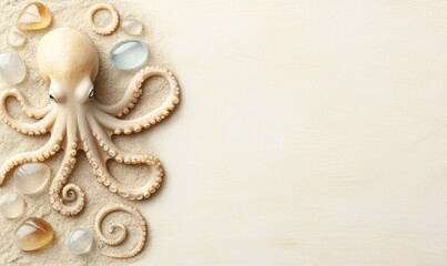 A beautifully styled octopus adorned with smooth stones on a sandy background, highlighting marine life and artistry.