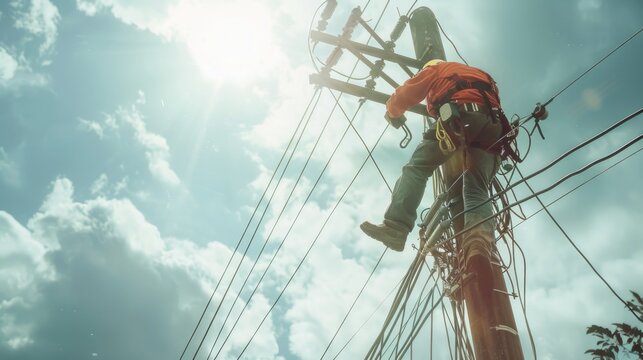 A worker climbs a utility pole to perform maintenance on power lines