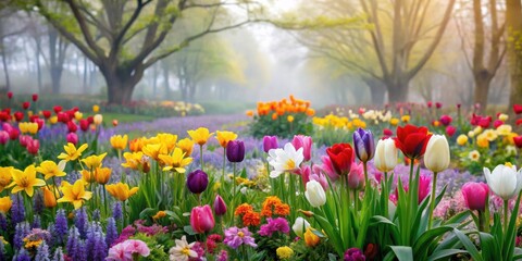 Fototapeta premium Vibrant spring flowers in a garden on a misty morning, Spring, flowers, garden, colorful, blooming, morning, misty, dewy