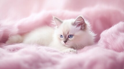 Nourishing Baby Oil, playful Ragdoll kitten lounging on a soft surface, fresh smooth coat, trendy dusty rose background, ample copy space for branding and messaging