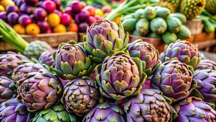 Fototapeta premium Fresh artichokes on display at a farmer's market , artichoke, vegetable, fresh, green, healthy, organic, market, food