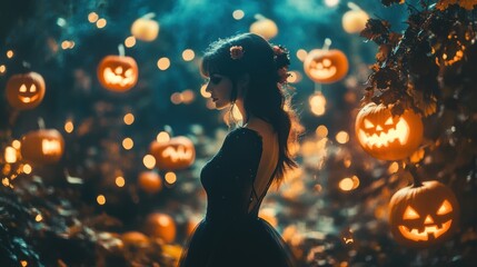 Woman in Enchanted Forest Surrounded by Glowing Jack-o'-Lanterns
