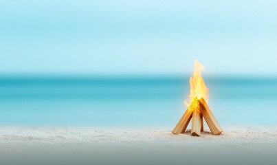 Fototapeta premium A cozy campfire on the beach, creating a warm glow against a tranquil ocean backdrop, perfect for relaxation and reflection.