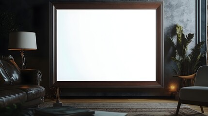 Cinematic 35mm Leather Bound Frame Mockup Set in a Dramatic Mid Century Modern Inspired Living Space with Chiaroscuro Lighting and a Refined Minimalist Aesthetic